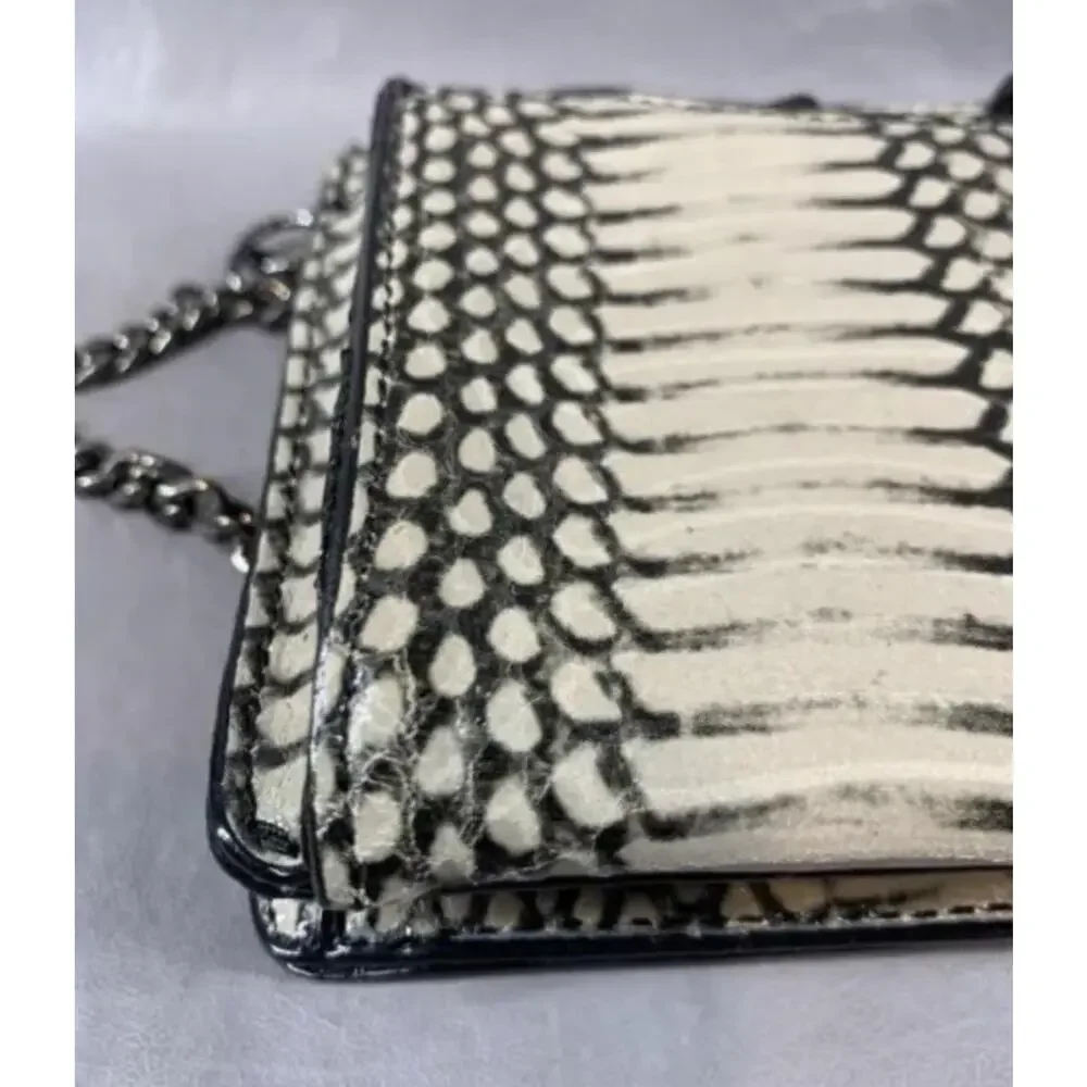 Antonio Melani Leather Crossbody Clutch Snake Print Shoulder Strap Chain BlackTa